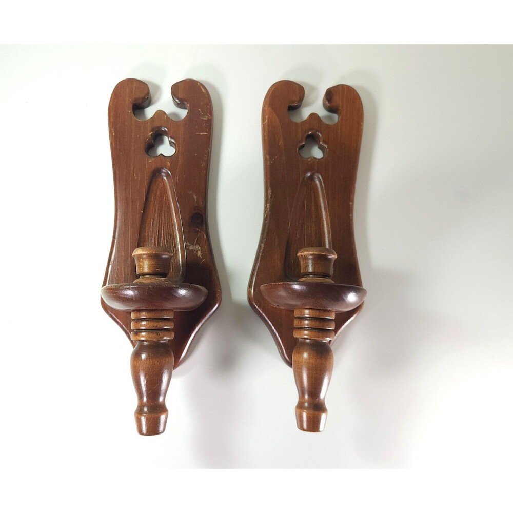 Vtg New England Clock Co Wooden Wall Sconce Candle Holders Pair Colonial USA